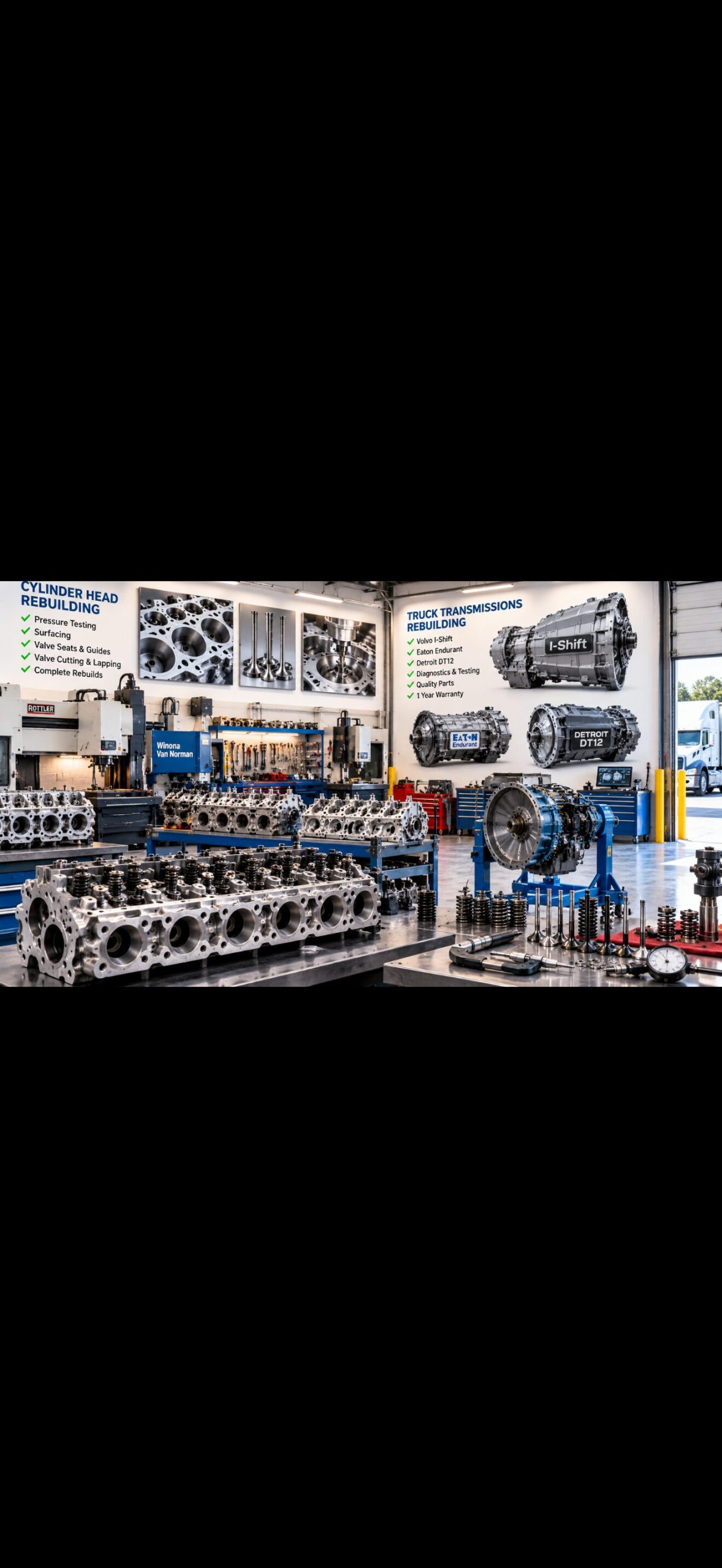 Illustration of a diesel cylinder head and transmission rebuilding workshop